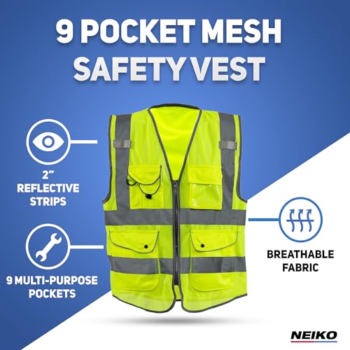 Image of Neiko High Visibility Safety Vest ANSI Class 2, 9 Pockets