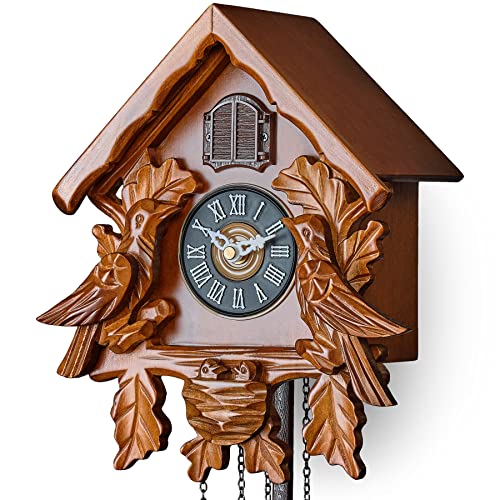 Timegear Cuckoo Clock With Night Mode, Singing Bird, Wooden Decorations And Swinging Pendulum (Brown) #TOP4