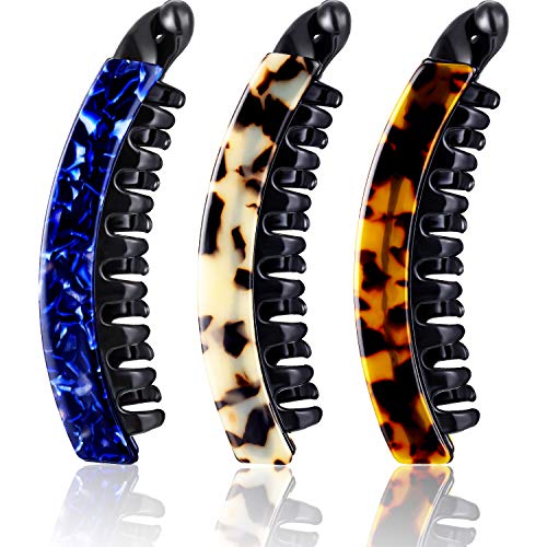 3 Pieces Banana Clincher Comb Acetate Banana Clip Interlocking Teeth Non-Slip Ponytail Holder Comb Clamps Clip for Women Girls Thick Long Hair Accessory (Brown, Khaki, Dark Blue)