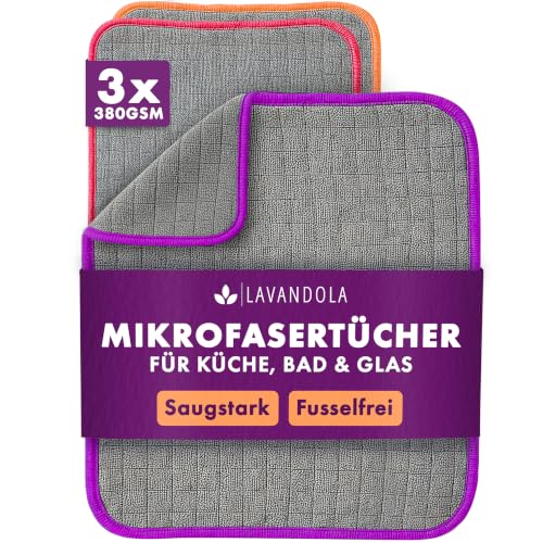 Lavandola Mikrofasertücher Putztücher 3er Set, 30x30 cm, 380 GSM – saugstarke & fusselfreie Lappen für Haushalt, Küche, Bad, Glas, Fenster, Möbel weiche...