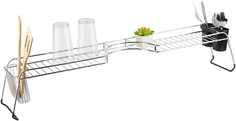 Home Basics Over Sink Shelf, (Chrome) Steel Over The Kitchen Sink Organizer for Soap, Sponges, Scrubbers, and More | with Cutlery Holder