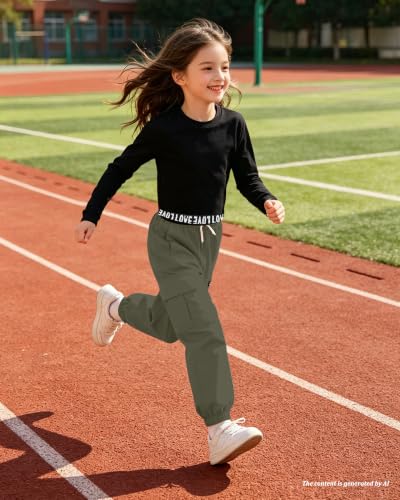 Image of Betusline Girls Fall Winter Clothing Sets, Long Sleeve Crop Top & Cargo Jogger Pants 2 Piece Outfit Sets,4T-14Y