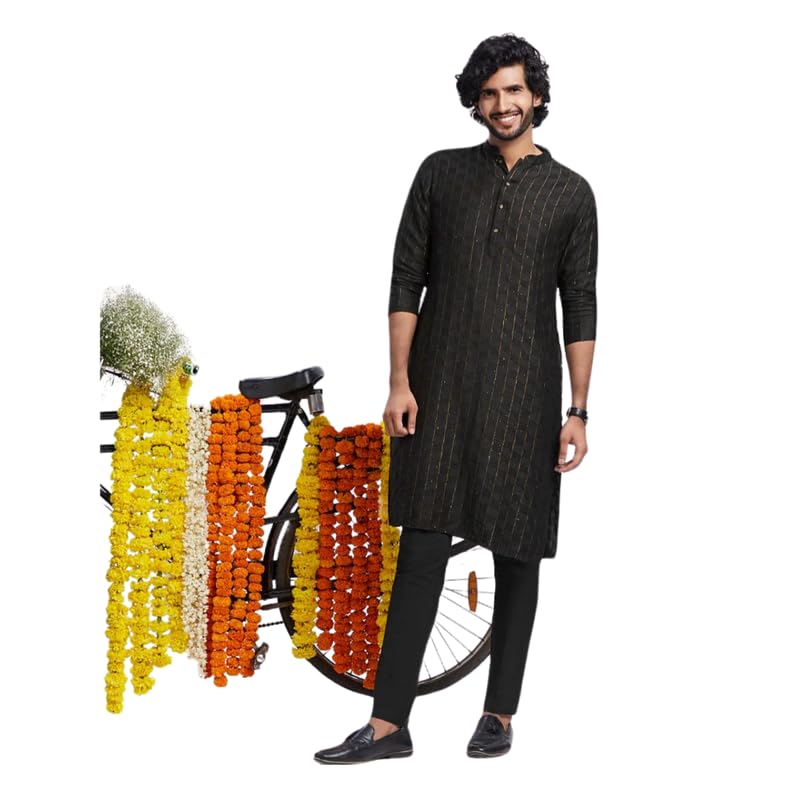Image of KISAH Men's Navy Blue Printed Cotton Kurta - Regular Fit Long Tunic with Mandarin Collar | Ethnic Wear for Weddings & Festive Occasions