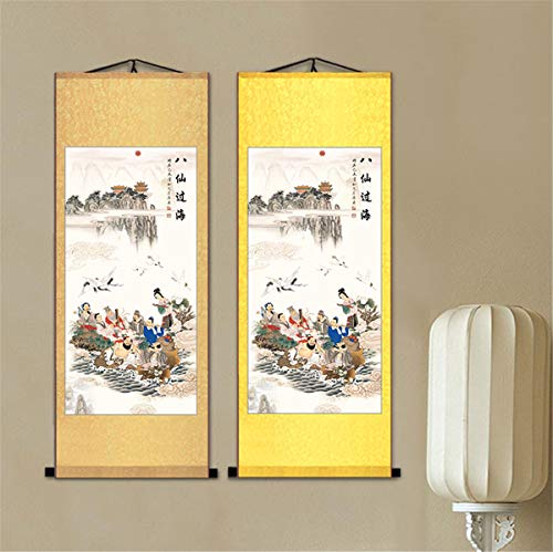 Zzooi Chinese Taoism Painting Art The Eight Fairies Wall Art Hanging Silk Scroll,Eight Immortals Crossing The Sea #TOP7