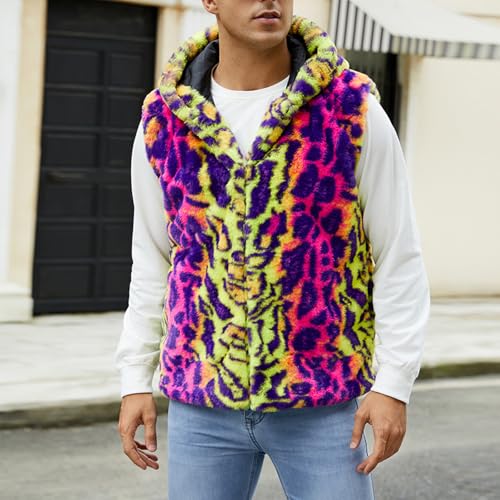 Cambkatl Men's Luxury Faux Fur Hoodie Vest - Colorful Leopard Open Front Sleeveless Thicken Winter Cardigan Jacket Coats2