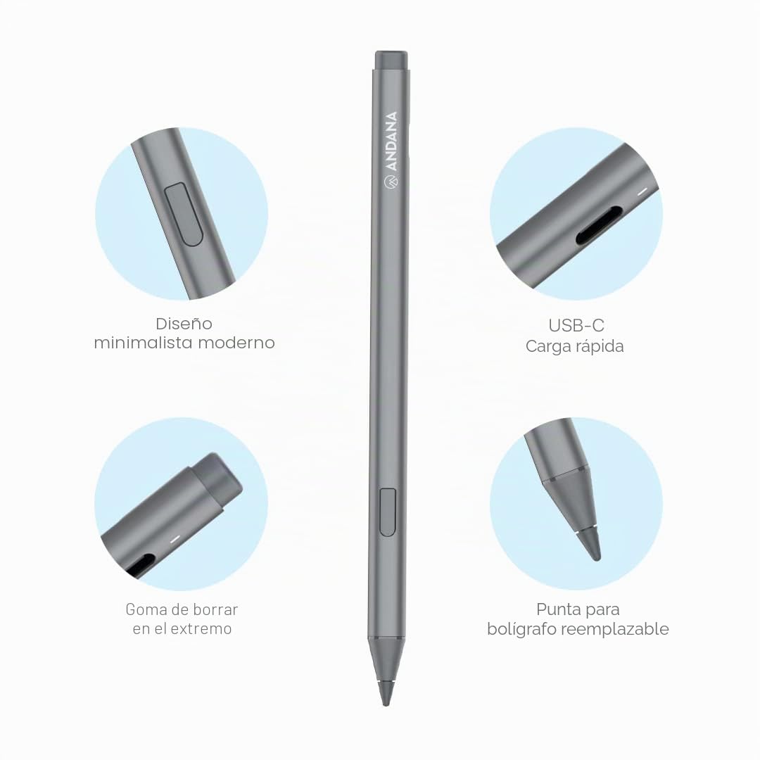 Andana MPP Stylus EC Pen 2.0, sensibilidad a la presión 4096, rechazo de Palma, Recarga USB-C, Lápiz óptico Surfacecompatible con Microsoft Surface y Algunos ASUS, Acer, DELL, HP, Vaio