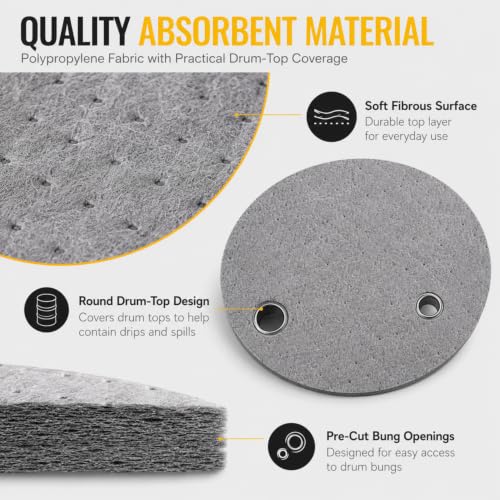 Image of Frienda 25 Pcs Drum Top Oil Absorbent Pads for 55 Gallon Drums Barrel Absorbent Pads Mat 22 inch Diameter Lid Oil Mat with Bungs 0.75 inch and 2 inch Diameter(Gray)
