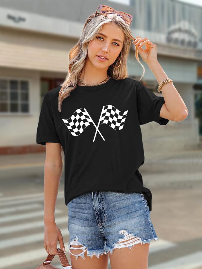 PECHAR Racing Shirt for Women Checkered Flag Graphic car Shirts Race Lover Shirt Raceday Casual Short Sleeve Tee Tops3