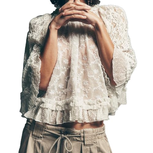 Women Boho Flowy Lace Blouse Long Sleeve Crew Neck See Through Ruffle Sheer Tops