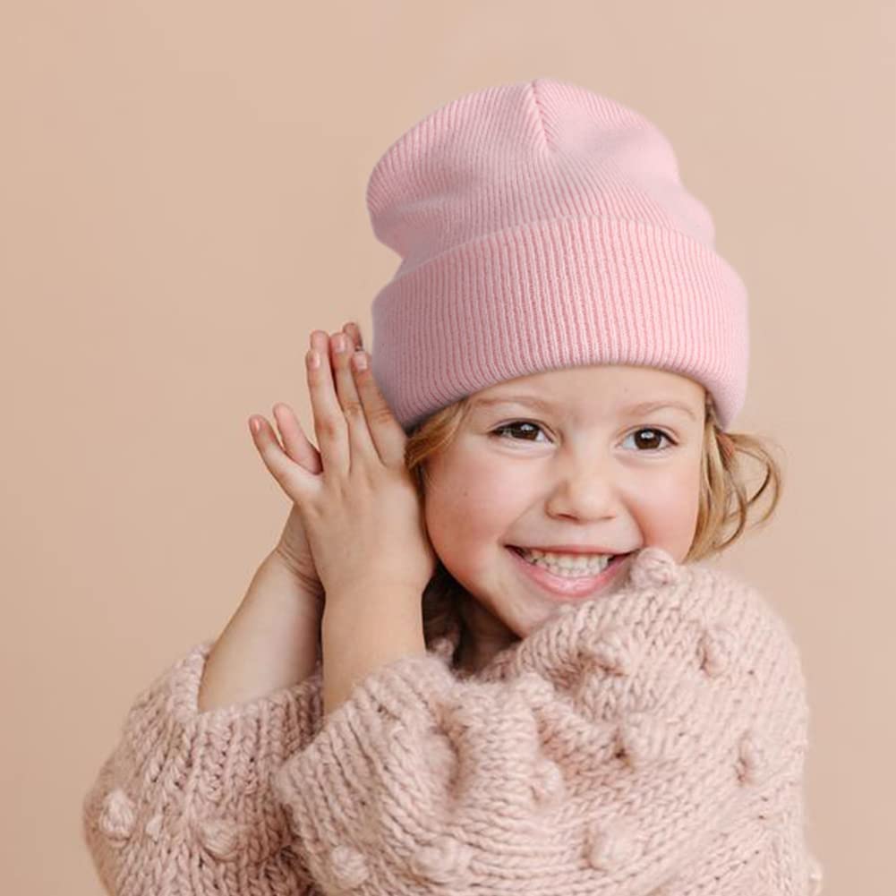 NOTWILD Kids Winter Cuffed Knit Beanie Hats for Boys Girls Ages 1-12 Cotton Warm Baby Toddler Cap Winter Hats (2-3 Years, Baby Pink) 1