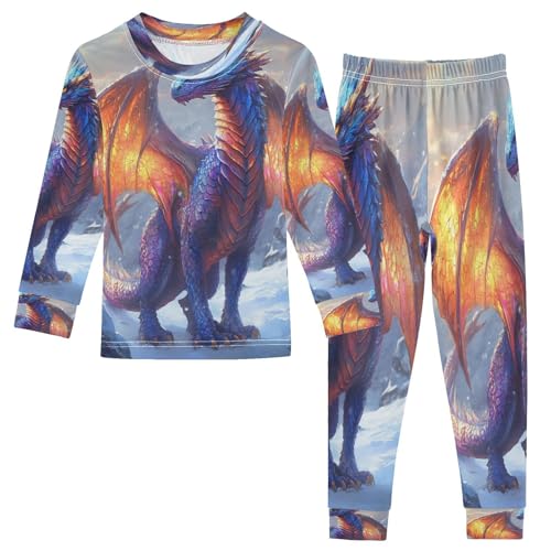 Pajama Sets Long Sleeve Dragon Standing in A Snowy Landscap Soft Comfy Sleepwear 2 Piece PJS 3-8T