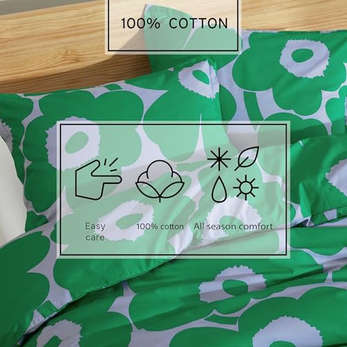 Image of MARIMEKKO - Queen Duvet Cover Set, Soft Cotton Bedding for Year Round Comfort, 3 Piece Floral Bed Set with Matching Pillowcases (Unikko Green)