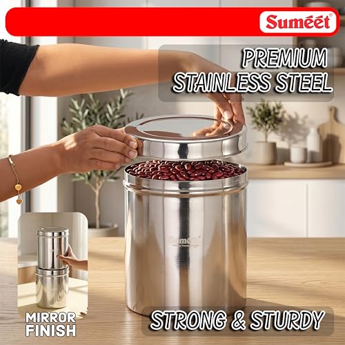 Image of Sumeet Stainless Steel Large Dabba /Canisters /Vertical Storage Container for Kitchen, 20cm Dia - 6500ml - (5.7Kg to 6.3Kg Approx)