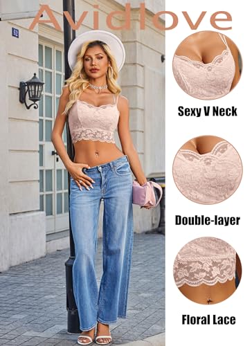 Image of Avidlove Bralettes for Women Lace Camisole V Neck Double-Layered Adjustable Strap Tank Cami Crop Top