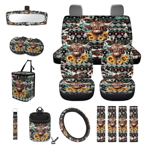 Wanyint Aztec Highland Cow Sunflower Car Seat Cover Seat Protector 15 PCS, with Steering Wheel Cover Seat Belt Pad Garbage Bag Air Vent Bag Rearview Mirror Cover Coasters Key Chain Universal Fit