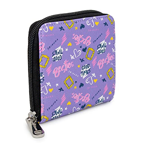 Buckle Down Friends Wallet, Square Zip Around, Icons and Quotes Collage, Lavender, Vegan Leather2