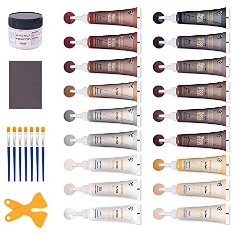 Wood Floor and Furniture Repair Kit - Wood Filler Scratch Repair for Hardwood Laminate Floor Furniture Touch Up Kit, Restore Any Wood, Oak, Cherry, Walnut, 18 Colors with Putty, Gray Brown White Black Cover