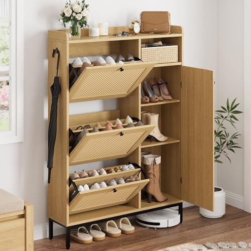 Image of Rattan Wooden Shoe Cabinet, Freestanding 3-Flip Drawer Shoe Storage Organizer, Side Cabinet & Top Fence, Easy Assembly Shoe Rack for Entryway Hallway Living Room, Natural