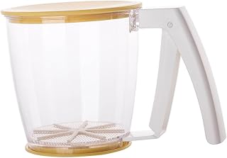 Gatuida Tamizador de Harina de Plástico Amarillo Colador de Malla Fina con Tapa Tamiz Manual Presionable para Repostería Azúcar y Polvo para Cocina Casera Agitador Portátil