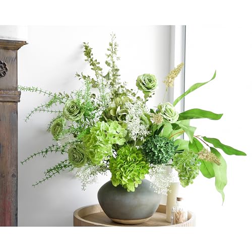 Image of FiveSeasonStuff Elegant Green Artificial Bouquet-Hydrangea, Rose & Camellia Blooms with Baby's Breath and Greenery Stems for Vases, Centerpieces, Weddings & Home Styling