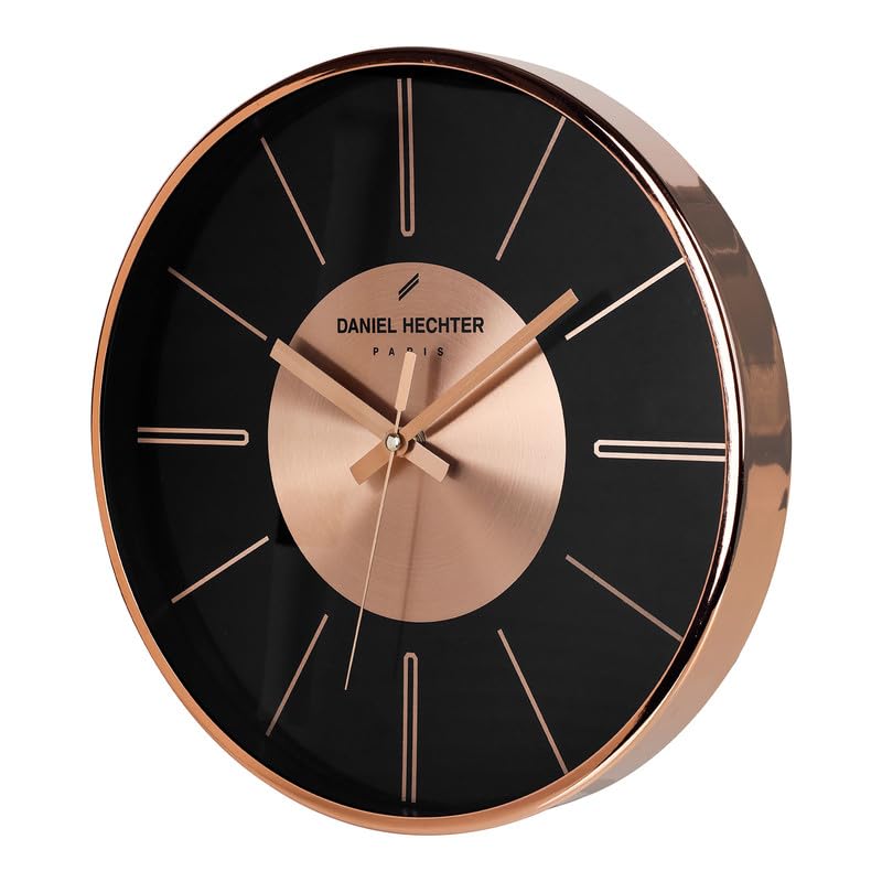 Image of Daniel Hechter Paris Seine Collection Wall Clock, Silent Sweep Non-Ticking,12 inch(30cm) HD Glass Black Dial, Rose Gold Aluminum Face & Metal Frame, Modern Decorative Clock for Home & Office