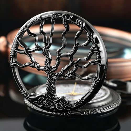 Image of Tiong Pocket Watch Hollow Tree of Life Design Roman Numerals Engraved Bible Verse Quartz Pocket Watch with Chain Custom Pocket Watch Birthday Gifts