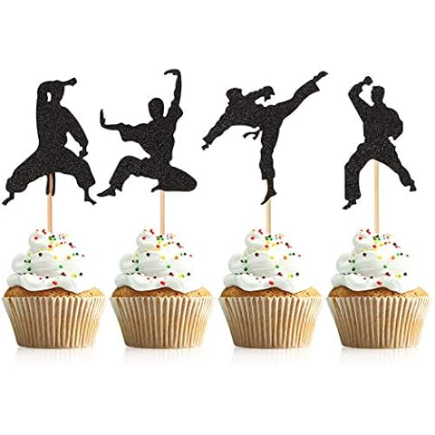 Donoter 48 Pcs Glitter Martial Arts Cupcake Toppers Karate Taekwondo Cake Picks for Kids Birthday Party Table Decorations Cover