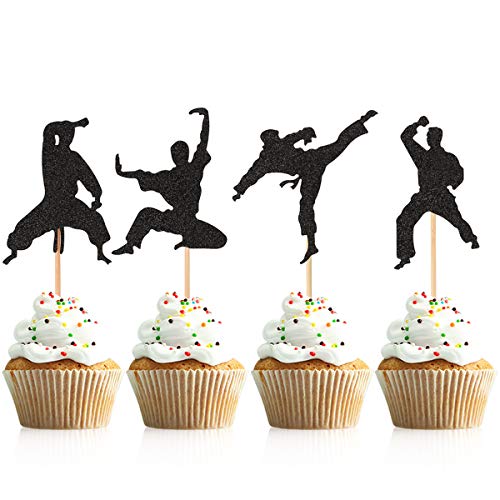 Donoter 48 Pcs Glitter Martial Arts Cupcake Toppers Karate Taekwondo Cake Picks for Kids Birthday Party Table Decorations