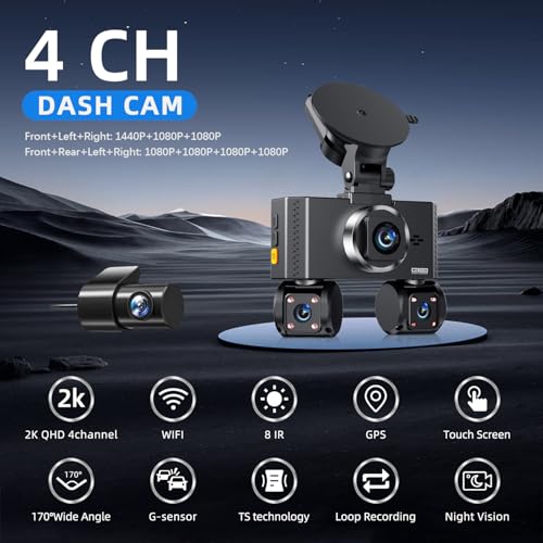 Image of 360 View 4 Channel Dash Cam Front and Rear, Dash Camera for Car with 3.16 inch IPS Touch Screen, 8 IR Night Vision, 5G WiFi&GPS,APP Control, G-Sensor, Loop Recording, Parking Mode, 64GB Card