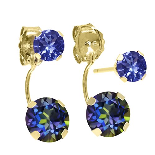 Gem Stone King 2.20 Cttw Round Blue Mystic Topaz and Blue Tanzanite 14K Yellow Gold Earrings for Women | Gemstone Birthstone | Round 6MM and 4MM2