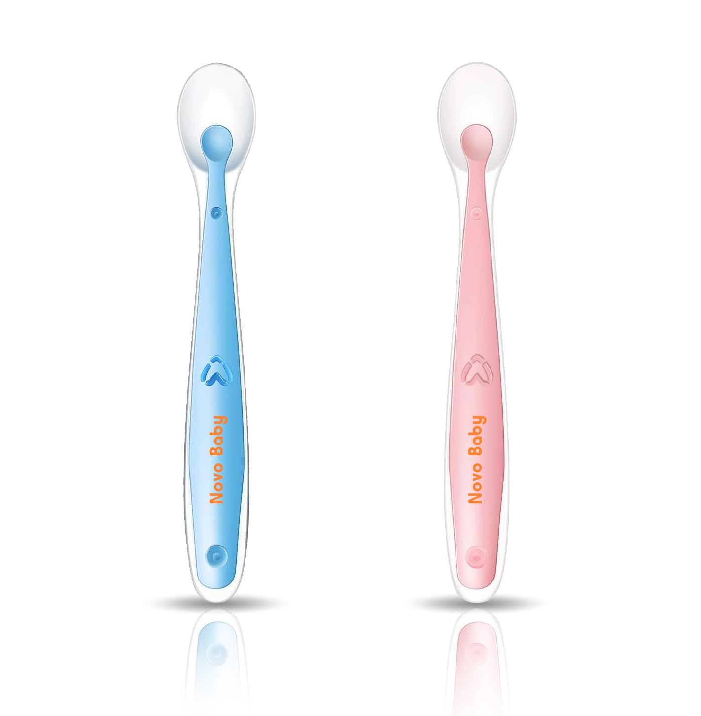 Novo Baby Silicone Spoon for Baby | Set of 2 Feeding Spoons with Ultra-Soft 100% Food-Grade Silicone Tips, BPA-Free Utensils for Baby Weaning, Ideal for Infants 4M+ (Pink & Blue)