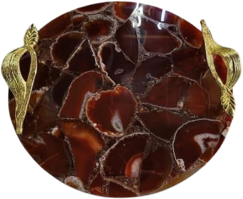 Luxury Marble Tray with Stylish Metal Handles, Vanity Tray, Marble Serving Tray for Kitchen, Counter, Dresser, Nightstand and Desk Metals Handles (Round) (White (Selenite Stone))