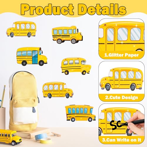 Image of Glitter School Bus Cutouts - 100Pcs Back to School Yellow Bus Cut Outs Bulletin Board DIY Paper Cuts Name Tag for Graduation Gift First Day of School Birthday Party Goodie Bag Stuffer Supplies
