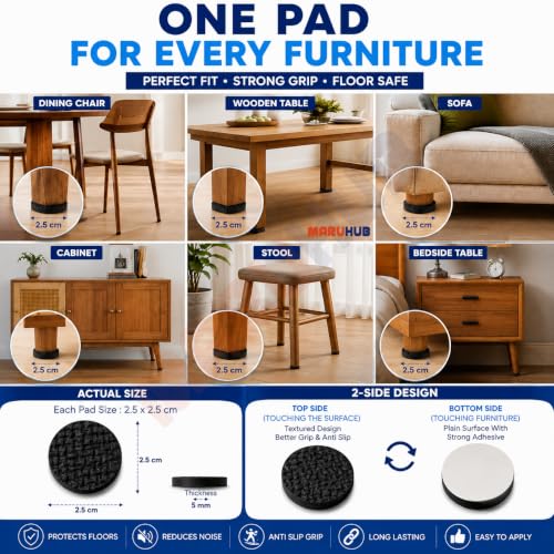 Image of MaruHub 18 Pcs Self Adhesive Furniture Pads 2.5 x 2.5 cm Round EVA Rubber Chair Leg Protectors, Floor Scratch Protector, Anti Slip Furniture Cushion Pads for Table, Sofa, Cabinet, Bed & Stool, Black