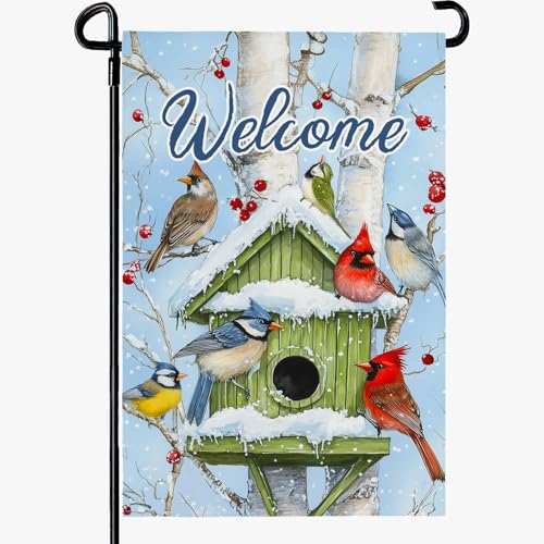 Cryfox Winter Birds Welcome Garden Flag 12x18 Inch Double Sided Winter Cardinals Garden Yard Flags for Outside Small Light Blue Christmas House Flags Seasonal Outdoor Home Decoration