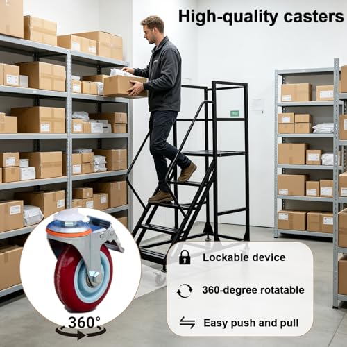 Image of 4 Step Rolling Warehouse Step Ladder, Industrial Mobile Staircase on Wheels, 1100Lbs Weight Capacity, Heavy Duty Mobile Platform Ladder with Handrails, Suitable for Warehouse, Library (Black, 4 steps)
