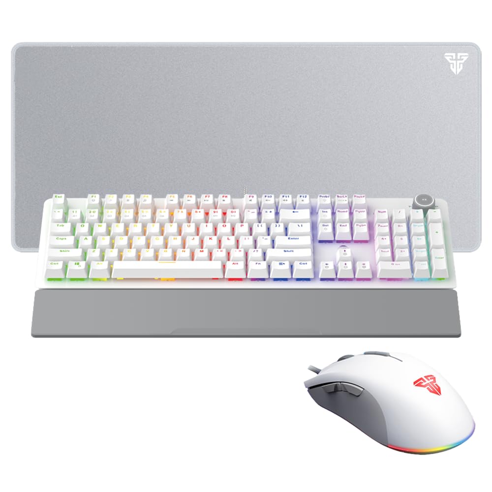 FANTECH P31SE RGB Gaming Keyboard and Mouse and Large Mouse Pad Combo, Wired 104 Keys Mechanical Keyboard Blue Switch with Wrist Rest & 10K DPI Gaming Mouse & Gaming Mousepad(31.5×12IN) for PC, White