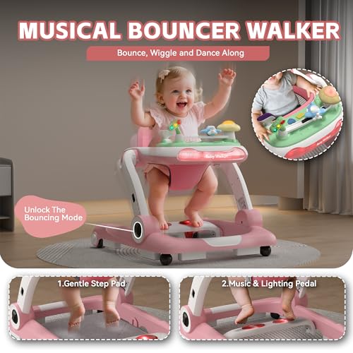 baby walker with wheels 5 in 1 walker for baby boy girl 6-12 months with bouncer music and lights baby jumper activity center adjustable height speed push walker for ages 6-18 months toddler