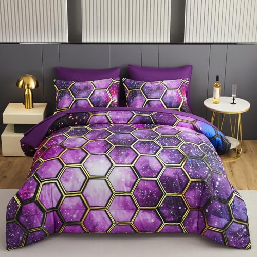 ZSYAYAHA Girls Comforter Set Twin 7 Pieces Galaxy Bedding Set with Comforter Kids Blue Space Bed Sets with Sheets Mysterious Purple Star Bed in A Bag for All Season(Galaxy Purple, Twin)