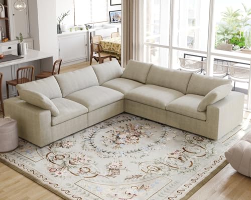 Image of JACH V-Shaped Sectional Couch, Deep 5-Seats Convertible Sectional Sofa, Cushion Covers Removable, Modern Modular Sofas for Living Room /Bedroom /Apartment (Khaki)
