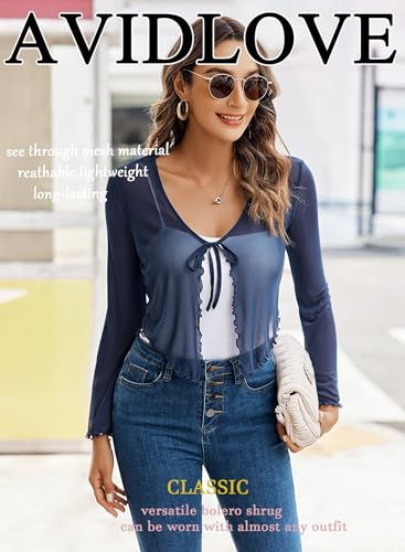 Image of Avidlove Womens Sheer Shrug Tie Front Long Bell Sleeve Mesh Bolero Lightweight Summer Casual Short Shawl Top