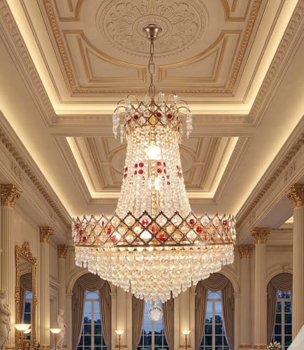 Image of ONFLOW AETERNA LUX Empire Crystal Chandelier with Ruby Red Accents - 32 inch Diameter x 45 inch Height - Elegant Gold Finish Hanging Ceiling Light for Living Room, Dining Hall, and Hotel Lobby (RED Shot)
