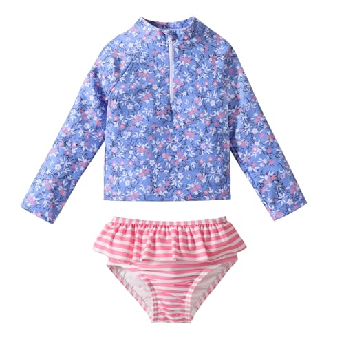 DREAM BUS Toddler Girls Long Sleeve Swimsuit 2 Piece Rashguard Set Sun Protection Baby Girls Bathing Suit Kids Swimwear