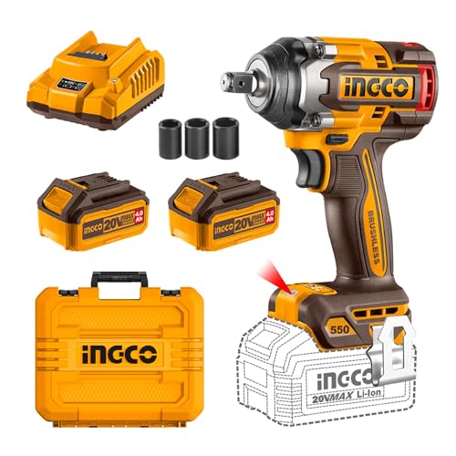 Image of Ingco 20V Cordless Impact Wrench 550NM, Brushless Motor, 3-Speed Adjustment 2500RPM, LED Work Light, With 2Pcs 4.0Ah Battery And 1Pcs Charger, Packed by Carrying Case