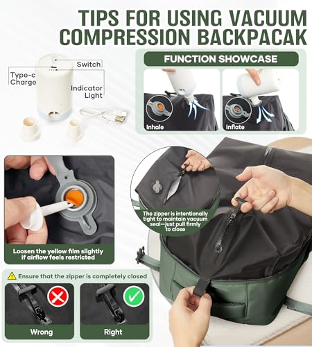 Large Vacuum Travel Backpack with Pump for Women, Personal Item Carry on Backpacks Flight Approved 18x14x8 inches for Men,Laptop Waterproof Work Compression bags Casual Daypack,BrownGreen4