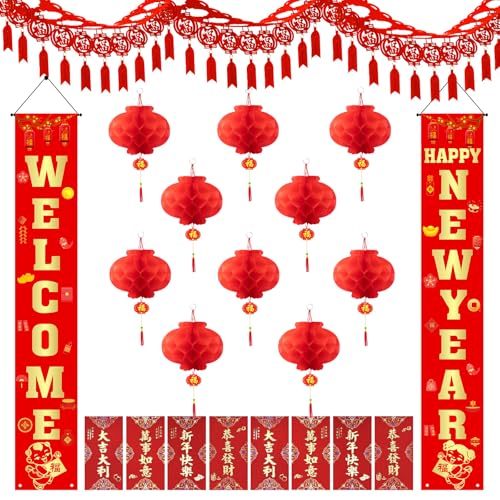 Chinese Lunar New Year Party Decorations, Lunar New Year Decorations 2025 Include Chinese New Year Garland Red Envelopes Red Lantern Hanging Ornaments Chinese Couplets for Spring Festival Party Décor