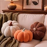 Juexica 3 Pieces Stuffed Pumpkin Pillow Fluffy Plush 3D Simulated Pumpkin Shaped Pillow Toy for Fall Thanksgiving Halloween Decor Cushion Bedroom Sofa Couch Supplies (White,Orange,Brown)