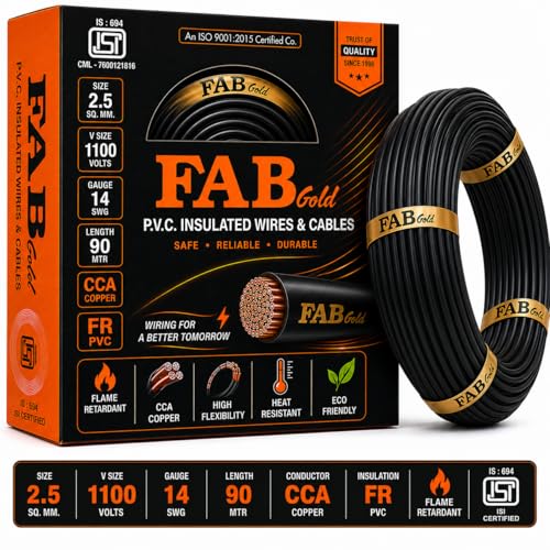 Image of 2.5 sqmm Single Core Copper Electrical Wire, 90 Meter (Black) | Heat Resistant & Flame Retardant (FR) | Lead-Free LSH House Wire for Home & Industrial Use