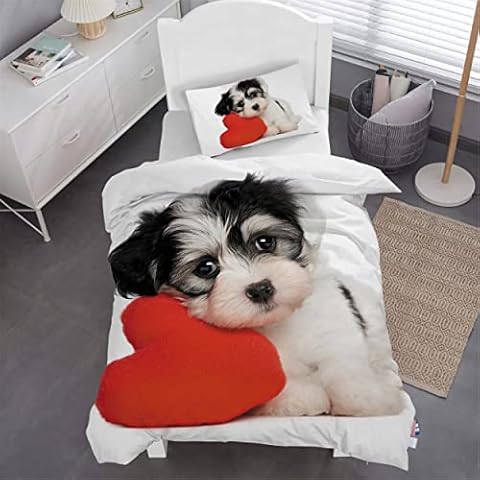 HOMHOMHA Dog Duvet Cover Set Single Size for Kids Adults Bed 3D Printed Schnauzer with Red Heart White Background Duvet Cover Set Zipper Closure Puppy Bedspread Bedroom Bedding Set Cover