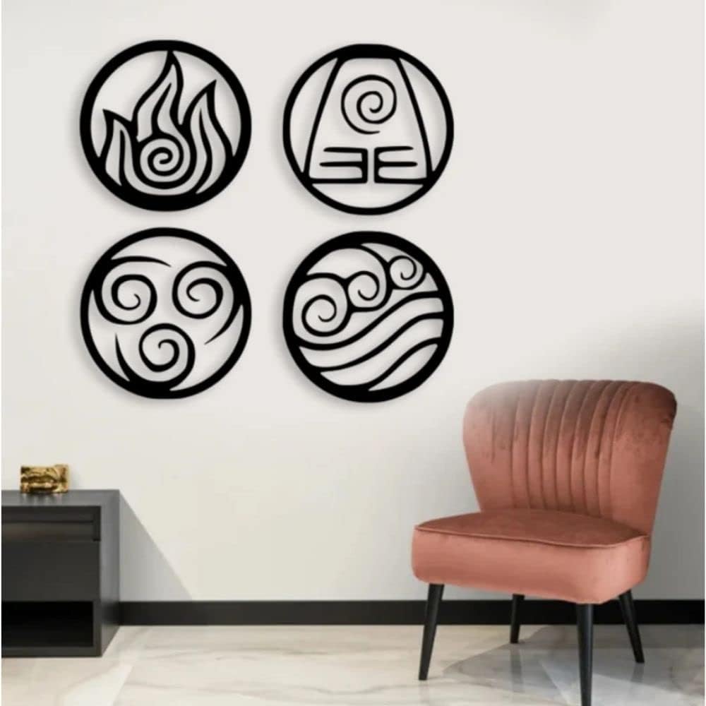 Meraki Mart Four Elements Water Tribe, Earth Kingdom, Fire Nation, Air Nomads Wall Hanging Art Black Designed Wood Black Decoration Contemporary Home, Bedroom, Living Room, Office, 12 Inch